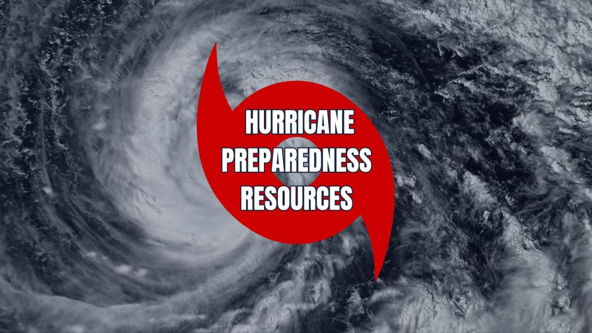 Hurricane Preparedness text over hurricane in background
